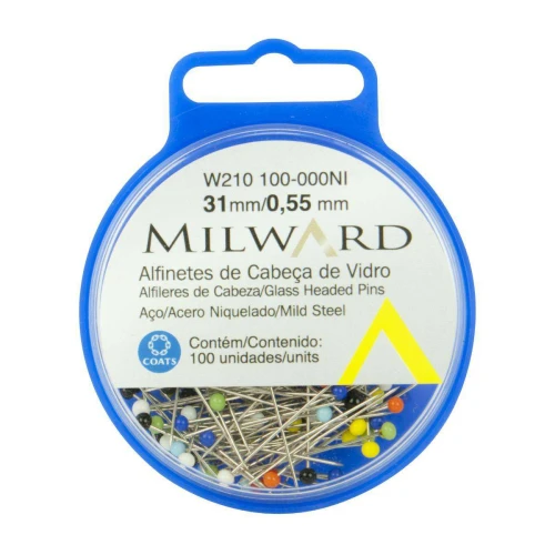 Alfinete de cabeça de vidro colorido 31mm com 100 unidades Milward Corrente
