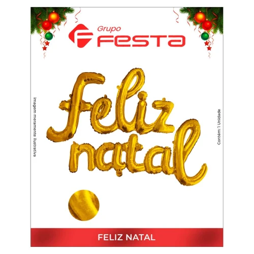 Balão metálico Feliz Natal dourado 40cm Grupo Festa Balão metálico Feliz Natal dourado 40cm Grupo Festa