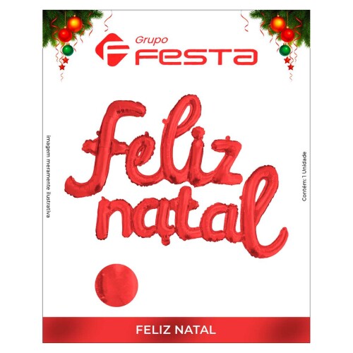 Balão metálico Feliz Natal vermelho 40cm Grupo Festa