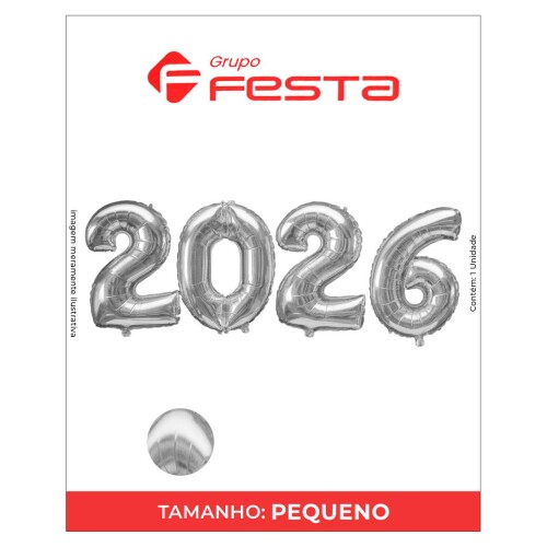 Balão metálico número 2026 prata 45cm Grupo Festa