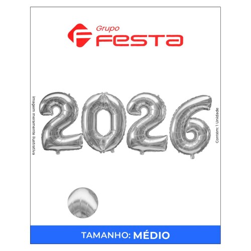 Balão metálico número 2026 prata 75cm Grupo Festa