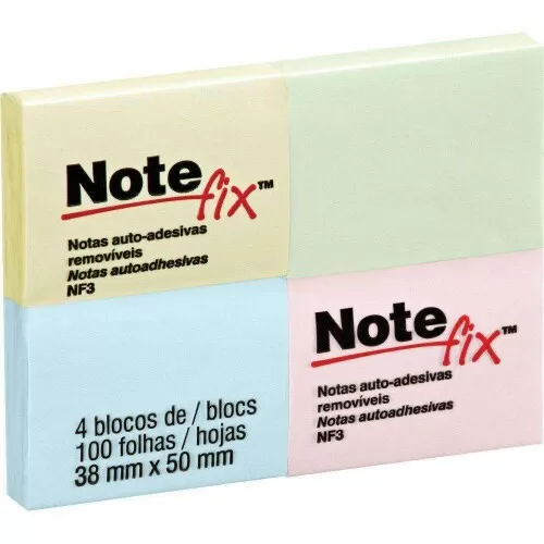 Bloco autoadesivo 38mmX50mm colorido com 04 blocos com 100 folhas Note Fix 3M