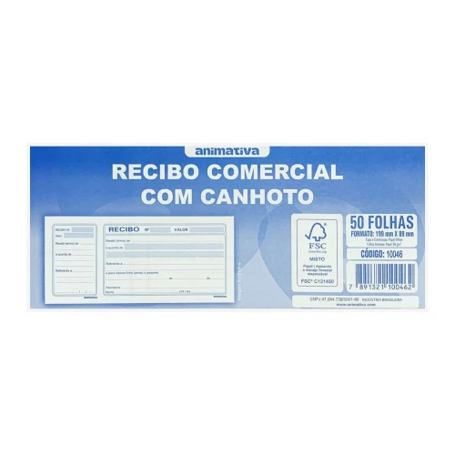 Bloco recibo comercial com canhoto 50 folhas Animativa