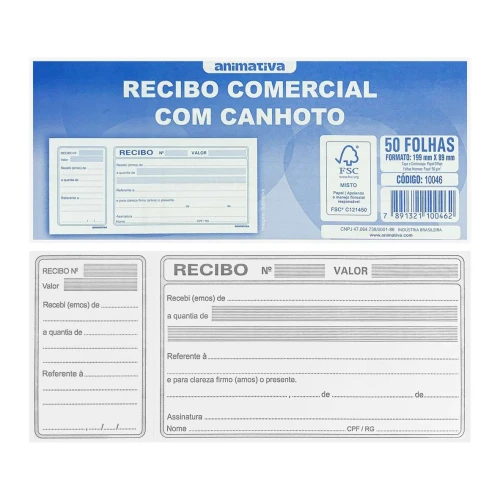 Bloco recibo comercial com canhoto 50 folhas Animativa