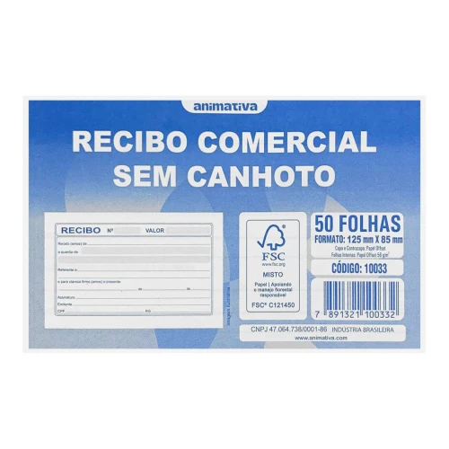 Bloco recibo comercial sem canhoto 50 folhas Animativa