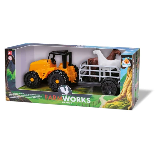 Brinquedo trator boiadeiro com 02 animais Farm Works Orange Toys