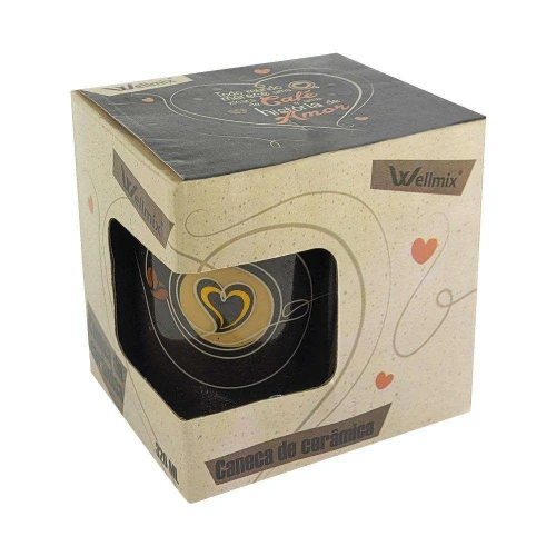 Caneca de ceramica decorada Café e amor 320ml na caixa wellmix