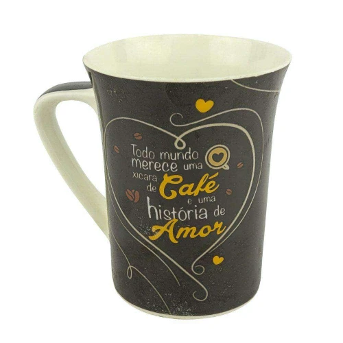 Caneca de ceramica decorada Café e amor 320ml na caixa wellmix