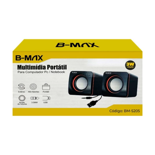 Caixa de som multimídia usb e p2 preta 3w B-Max