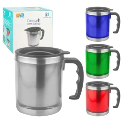 Caneca de inox 450ml colorida lisa com tampa