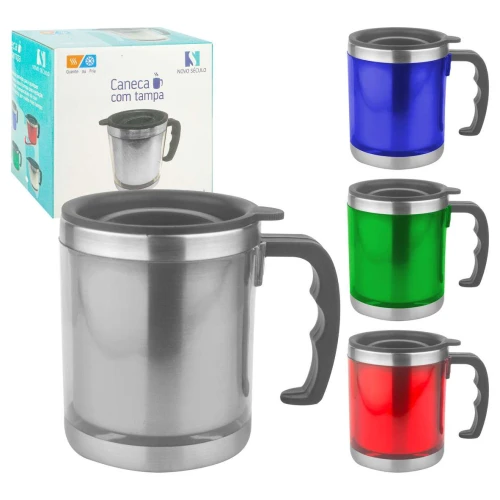 Caneca de inox 450ml colorida lisa com tampa