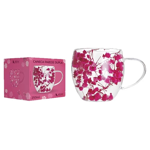 Caneca de vidro duplo 250ml camelia