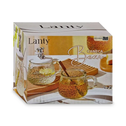 Caneca de vidro transparente 400ml com colher Bear Ke Home