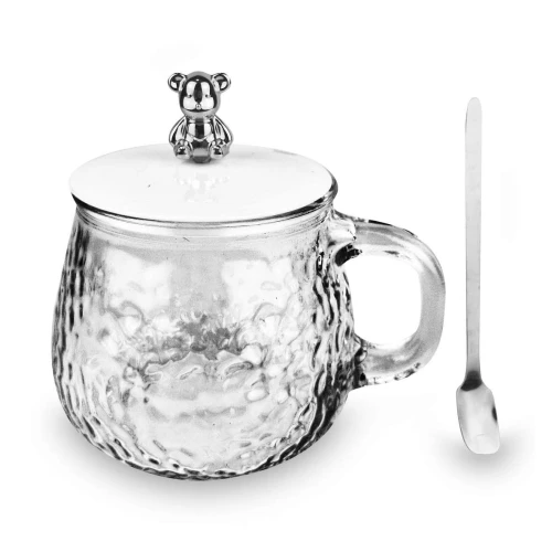 Caneca de vidro transparente 400ml com colher Bear Ke Home