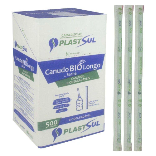 Canudo plástico sache biodegradável longo com 500 unidades Plastsul