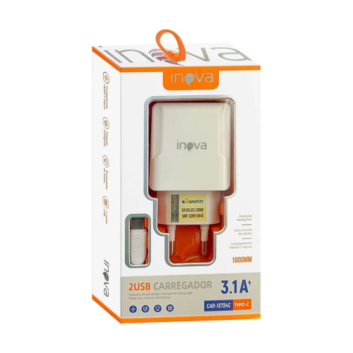 Carregador para celular tipo C 3.1A com 02 saídas usb Inova Carregador para celular tipo C 3.1A com 02 saídas usb Inova