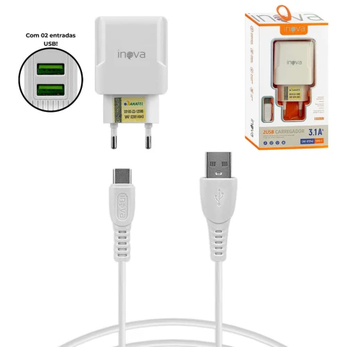 Carregador para celular tipo C 3.1A com 02 saídas usb Inova Carregador para celular tipo C 3.1A com 02 saídas usb Inova