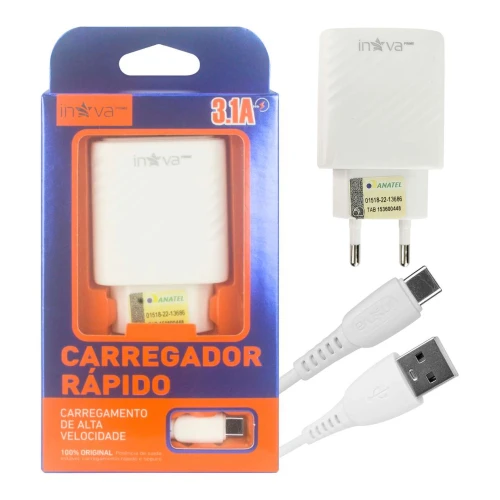 Carregador para celular tipo C 3.1A com 02 saídas usb Inova