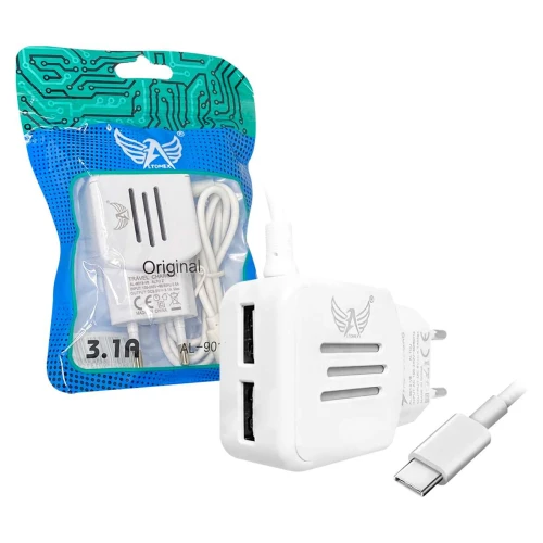 Carregador para celular tipo C rápido com 02 saidas usb Altomex