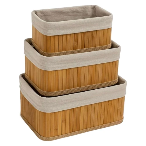 Cesto de bambu multiuso com forro 3 peças retangular