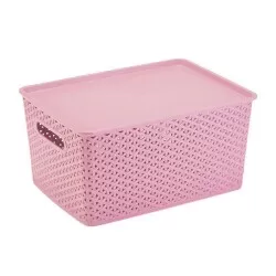 Cesto plástico rattan com tampa 36,5x26,5cm rosa 1560rs Plasnorthon