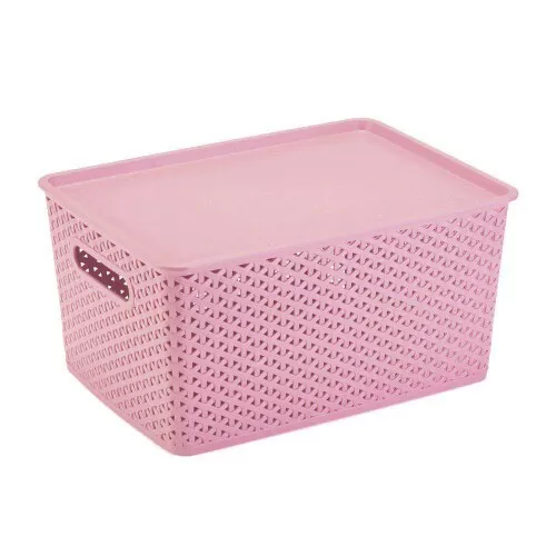 Cesto plástico rattan com tampa 36,5x26,5cm rosa 1560rs Plasnorthon