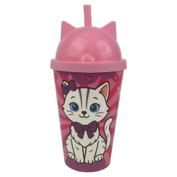 Copo plastico com canudo 350ml cat rosa