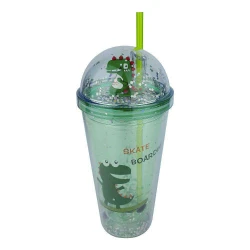 Copo plástico com canudo 480ml dinossauro com tampa bolha Interponte