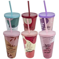 Copo plástico com canudo 600ml decorado Mãe sortido