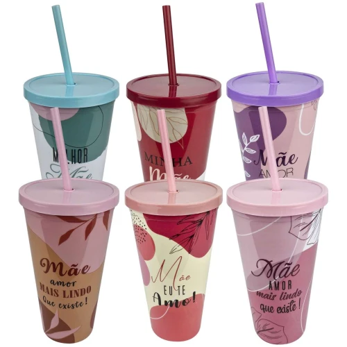 Copo plástico com canudo 600ml decorado Mãe sortido