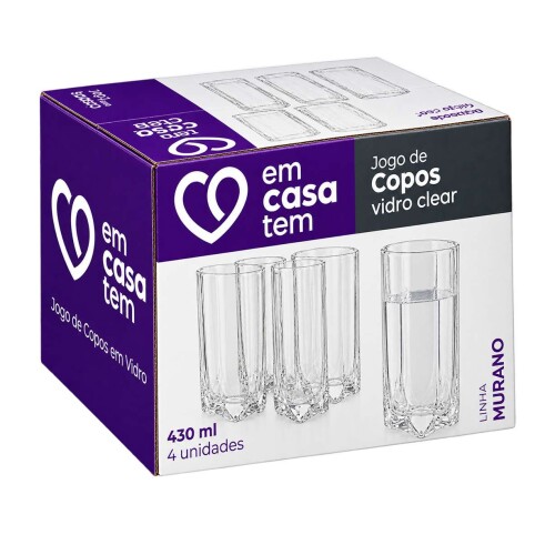 Copo vidro clear murano 430ml com 4 unidades Copo vidro clear murano 430ml com 4 unidades