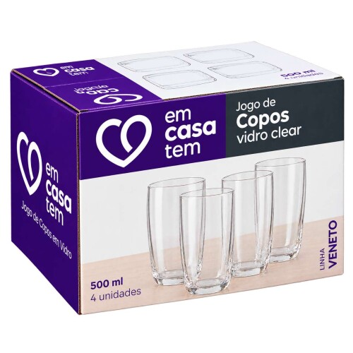 Copo vidro clear veneto 500ml com 4 unidades