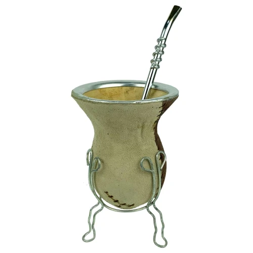 Cuia para chimarrão com bomba + tripe detalhes em couro 115 belmate