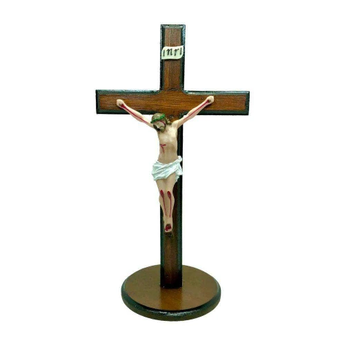 Enfeite crucifixo de resina com base 40cm de madeira