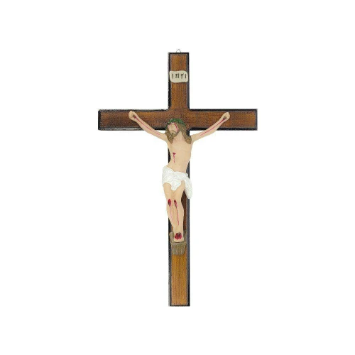 Enfeite crucifixo de resina parede 30cm madeira