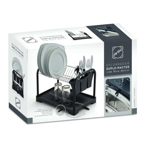 Escorredor de louça cromado duplo talher com bica preto Arthi
