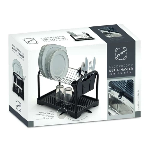 Escorredor de louça cromado duplo talher com bica preto Arthi