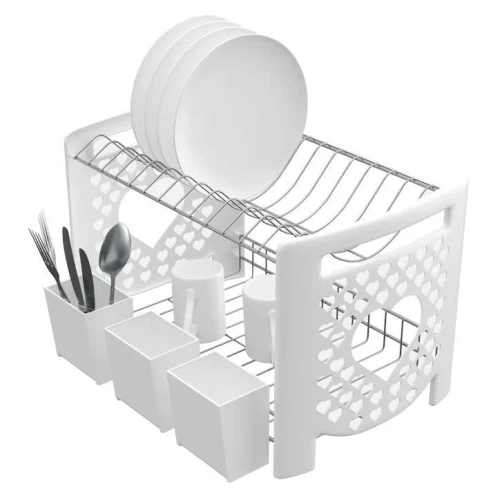 Escorredor de louças metal duplo com porta talher branco Stolf