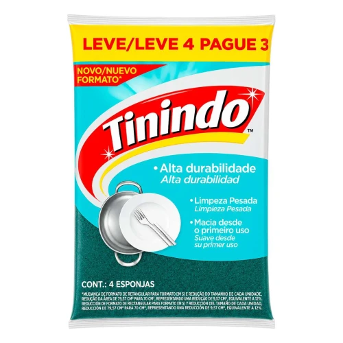 Esponja de louça dupla face com 4 unidades Tinindo 3M