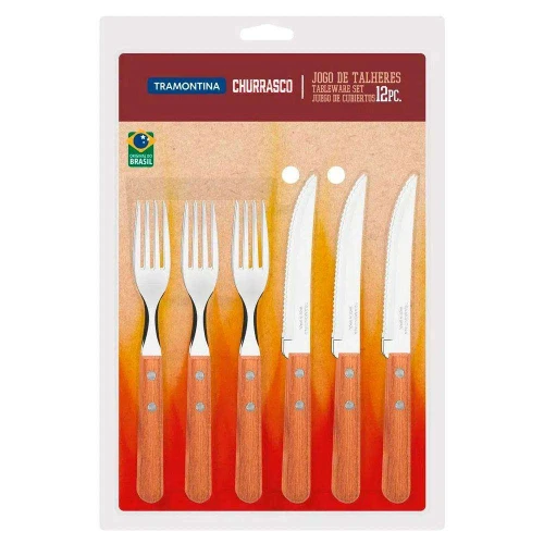 Faqueiro inox com cabo de madeira para churrasco com 12 unidades Tramontina