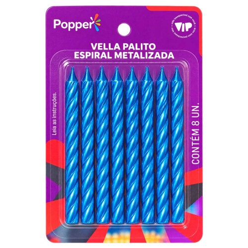 Festas vela palito espiral metalizada azul 08 unidades