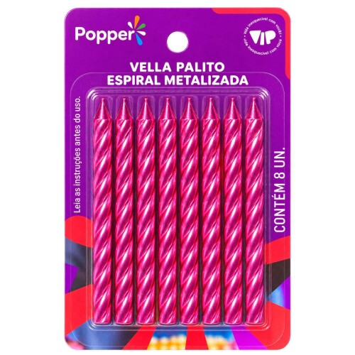 Festas vela palito espiral metalizada rosa 08 unidades