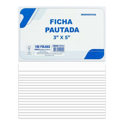 Ficha pautada 3x5 com 100 unidades 127x076mm Animativa Ficha pautada 3x5 com 100 unidades 127x076mm Animativa