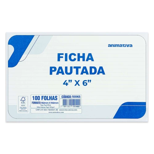 Ficha pautada 4x6 pacote com 100 unidades 152x102mm Animativa