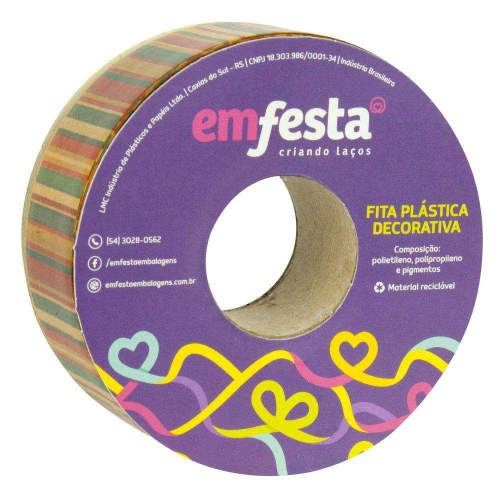 Fita decorativa plástica listrada colorida 30mm x 50mt