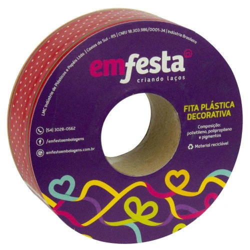 Fita decorativa plástica vermelho poá branco 30mm x 50mt