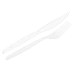 Garfo + faca plástico grande com 25 kits branco Prafesta