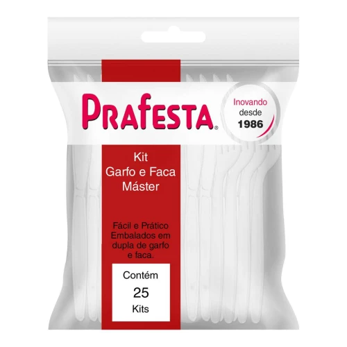 Garfo + faca plástico grande com 25 kits branco Prafesta