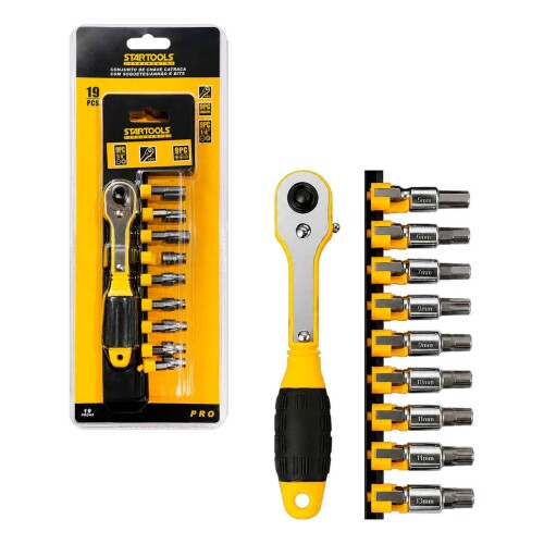 Jogo de chaves catraca com soquete/canhão/bits com 19 peças Startools Jogo de chaves catraca com soquete/canhão/bits com 19 peças Startools