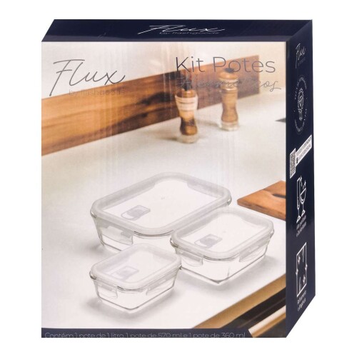 Jogo pote de vidro hermetico com 3 unidades